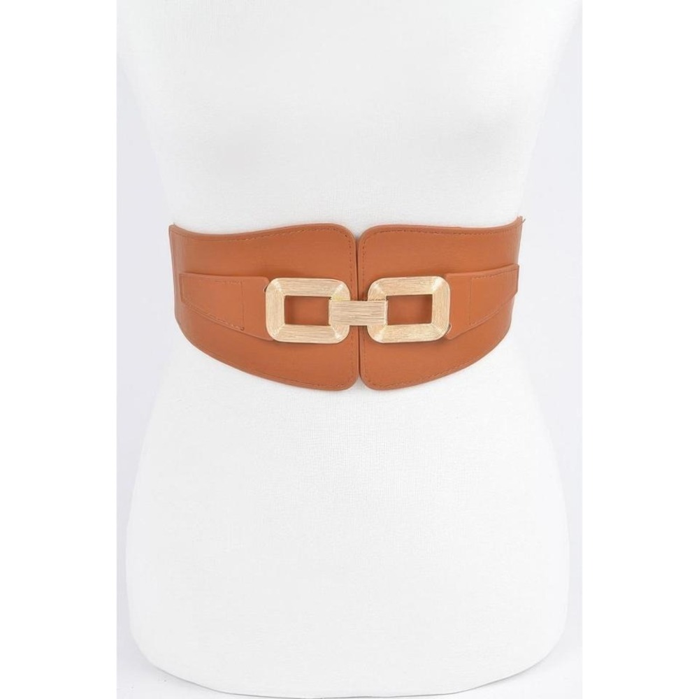 Womens Fashion Elastic Wide‎ Belt Gold Buckle Accent Tan Brown